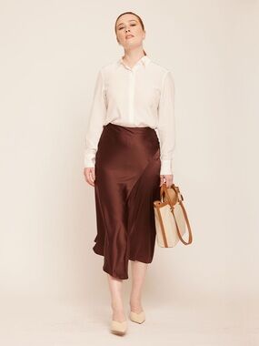 NWOT Lily Silk Silk Brown midi skirt with asymmetrical hem |  Size 4